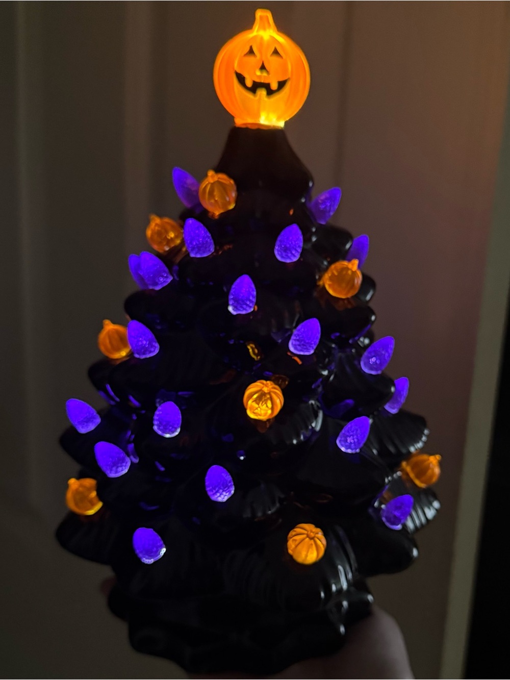 Black Ceramic Halloween Tree Light Up Pumpkin Topper Battery Operated